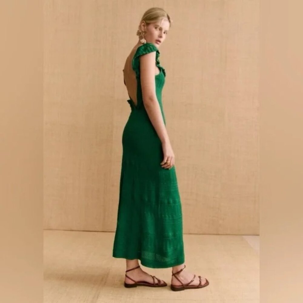 Sézane Aphrodite Summer Green Knit V-Neck Maxi Dress
